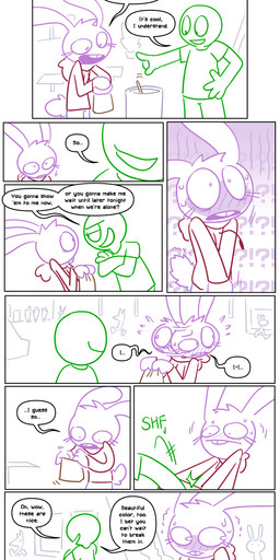 anthro bag blush bodily_fluids clothing duo eating embarrassed eyelashes female flustered green_body hoodie male male/female mall purple_body shaking shirt smile smirk smirking_at_partner speech_bubble steam sweat teasing text topwear sockdraw five_nights_at_freddy's roommates:motha scottgames beanie_(roommates) mike_schmidt human lagomorph leporid mammal rabbit 2025 absurd_res comic digital_media_(artwork) english_text hi_res