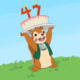 anthro biped brown_body cake dessert food open_mouth outside solo standing piothecloudrat bannertail:_the_story_of_gray_squirrel banner_(bannertail) mammal rodent sciurid tree_squirrel 1:1 2026 hi_res