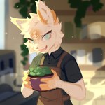anthro blue_eyes blurred_background clothed clothing female front_view fur hair holding_plant looking_at_viewer open_mouth open_smile pink_tongue plant plant_pot potted_plant short_hair smile solo tongue white_body white_fur white_hair corzh77 felid mammal 1:1 absurd_res hi_res