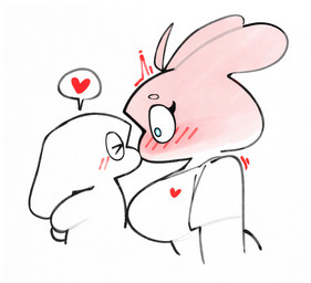 anthro big_breasts blush blush_lines blushing_profusely breasts circle_eyebrows clothed clothed_anthro clothed_female clothing duo eyebrows eyes_closed female female_anthro heart_symbol kissing larger_female male male_anthro round_eyes shirt side_view simple_background size_difference smaller_male surprise_kiss surprised t-shirt topwear white_background white_body white_clothing white_ears white_sclera white_shirt white_t-shirt white_topwear wide_eyed ssslommm2 lagomorph leporid mammal rabbit 2026 digital_drawing_(artwork) digital_media_(artwork) hi_res