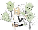 anthro beverage blue_eyes brown_body brown_fur clothing collared_shirt dress_shirt drinking_straw fur glass green_body group hand_on_shoulder innocence innocent_expression larger_male looking_at_another male necktie overweight overweight_male shirt simple_background size_difference smaller_anthro smaller_male standing topwear what white_background wide_smile sinzer dreamworks shrek_(series) shrek_(character) canid canine humanoid mammal ogre hi_res