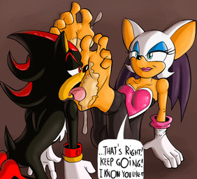 barefoot black_body clothing duo feet female foot_fetish foot_lick gloves handwear humanoid_feet licking male plantigrade soles speech_bubble text toes tongue salmacisreptile sega sonic_the_hedgehog_(series) rouge_the_bat shadow_the_hedgehog bat eulipotyphlan hedgehog mammal english_text