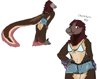 ambiguous_gender anthro bikini bottomwear breasts butt clothing denim denim_bottomwear denim_clothing denim_shorts hooves long_tail looking_at_viewer navel non-mammal_breasts non-mammal_navel pose presenting presenting_hindquarters shorts small_breasts smug_grin solo swimwear tail thick_thighs two-piece_swimsuit unguligrade axxelroze changyuraptor dinosaur dromaeosaurid prehistoric_species reptile saurischian scalie theropod hi_res