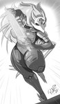 anthro beak big_breasts breasts curvy_figure feathers female horn huge_breasts mask melee_weapon motion_blur non-mammal_breasts religious_symbol running solo superhero sword thick_thighs weapon wide_hips shonuff shuza_(famwammer) avian bird parakeet parrot true_parrot 2021 absurd_res dated greyscale hi_res monochrome signature