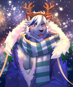 anthro beard black_nose blue_eyes blush clothed clothing facial_hair fake_antlers fake_horns fur holidays kemono male open_clothing open_shirt open_topwear pattern_clothing pattern_scarf scarf shirt simple_background smile snowflake solo striped_clothing striped_scarf stripes topwear fuwayuuko christmas mammal absurd_res digital_media_(artwork) hi_res