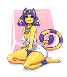 anthro breasts cleavage clothed clothing dress eyelashes eyeshadow female hair jewelry kneeling looking_at_viewer makeup necklace simple_background smile solo telepurte animal_crossing nintendo ankha_(animal_crossing) domestic_cat felid feline felis mammal 2021 absurd_res hi_res