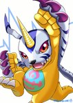 ambiguous_gender blue_body blue_fur fur fur_markings horn markings open_mouth simple_background solo underpaw white_background yellow_body watagashikn bandai_namco digimon digimon_(species) gabumon 2021 absurd_res hi_res