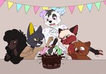 5_fingers anthro birthday_cake cake dessert fingers floppy_ears food for_a_head fur group male white_body white_fur young young_anthro young_male niichan adam_(spottyadam) jakey_(jakeypup) kayden_(justafoxboi) octavian_(7intandadream) peppercorn_(aboulia) animal_head animal_humanoid anubian_jackal canid canine canis dalmatian domestic_dog fox humanoid jackal mammal poodle absurd_res hi_res