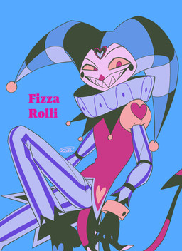 blue_background clothed clothing fool's_hat hat headgear headwear jester male not_furry sharp_teeth simple_background solo spade_tail tail teeth text enaic31 hellaverse helluva_boss fizzarolli_(helluva_boss) demon demon_humanoid humanoid imp absurd_res character_name hi_res