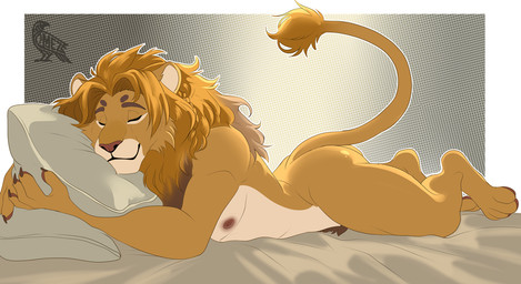 anthro bed eyes_closed fur furniture hair lying male male_anthro mane multicolored_body multicolored_fur muscular nipples nude pubes raised_tail sleeping smile tail tail_tuft tan_body tan_fur tuft two_tone_body two_tone_fur omez felid mammal pantherine