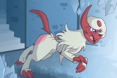 1_horn animal_genitalia black_nose blue_eyes bodily_fluids claws feral forehead_gem fur gem genitals hair hair_over_eye horn male open_mouth open_smile quadruped running saliva saliva_on_tongue sheath side_view smile solo teeth tongue tongue_out white_body white_fur fuf nintendo pokemon artemis_the_absol absol generation_3_pokemon pokemon_(species) shiny_pokemon 2018