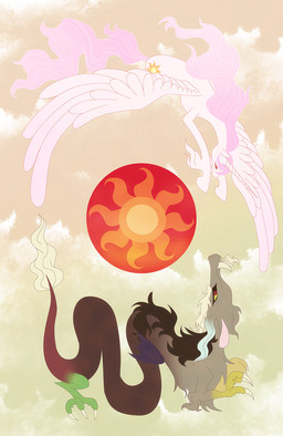 antlers cutie_mark duo feathered_wings feathers female feral fur hair horn long_hair male pink_hair red_eyes sun white_body white_fur wings ashygirl friendship_is_magic hasbro my_little_pony mythology discord_(mlp) princess_celestia_(mlp) chimera draconequus equid equine mammal mythological_creature mythological_equine winged_unicorn hi_res