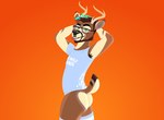 anthro antlers badonn beard black_body black_eyebrows black_fur blue_clothing blue_shirt blue_t-shirt blue_topwear bottomless brown_armpit_tuft brown_beard brown_facial_hair brown_hair butt clothed clothing cum_stain deer digital_media_(artwork) english_text eyebrows eyewear facial_hair facial_piercing fur glasses green_eyes hair hands_behind_head highlights_(coloring) horn legwear lips looking_at_viewer male mammal nixxxbot nose_piercing orange_background pattern_clothing piercing raised_arms shirt short_tail simple_background smile solo stockings striped_clothing stripes t-shirt tail tan_body tan_fur text topwear wearing_glasses