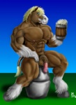 alcohol animal_genitalia animal_penis anthro balls beer beverage biped blonde_hair blue_eyes brown_body brown_fur equine_genitalia equine_penis flaccid food fur genitals hair keg male muscular muscular_anthro muscular_male penis sitting smile solo white_body white_fur sudonym equid equine horse mammal 1998