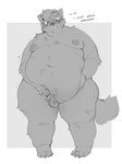 anthro belly big_belly bodily_fluids can't_reach circumcised embarrassed erection genitals humanoid_genitalia humanoid_penis lifting_belly looking_down male nipples obese obese_male overweight overweight_male penis solo standing sweat text kyrosh wintie canid canine canis domestic_dog husky hybrid mammal nordic_sled_dog spitz wolf english_text hi_res monochrome