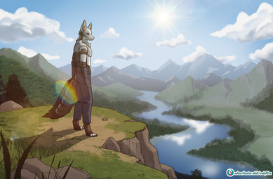 armor brown_body brown_fur cheek_tuft chest_tuft clothed clothing dipstick_ears dipstick_fingers ear_markings facial_tuft fur landscape male markings mask metal mountain multicolored_body multicolored_ears multicolored_fur neck_tuft rear_view tuft valley wearing_mask codyf0xx aiden_(call_me_duck)
