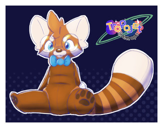blue_background blue_bow blue_bow_tie blue_eyes border bow_tie brown_body brown_tail dipstick_tail eyewear facial_markings front_view glasses head_markings logo markings multicolored_body plushie plushie_tag ring_(marking) ringed_tail round_glasses seam_(sewing) simple_background solo striped_markings striped_tail stripes tail tail_markings text wearing_glasses white_body white_border white_ears white_tail_tip tropojet ailurid mammal red_panda artist_logo artist_name full-length_portrait portrait