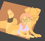 bent_legs bottomwear bottomwear_around_legs clothed clothing clothing_around_legs duo eyes_closed eyewear female fluffy fluffy_hair from_behind_position fur glasses hair low_ponytail lying lying_on_another male male/female on_chest partially_clothed pawpads paws ponytail prone_bone_position red_hair round_glasses rubbing sex simple_background topwear yellow_body yellow_fur uglycoal canid canine mammal aliasing animated binary_drawing digital_drawing_(artwork) digital_media_(artwork) shaded short_playtime simple_shading