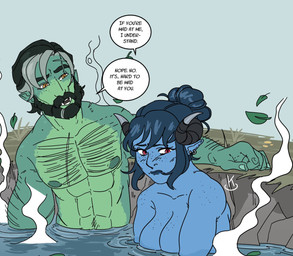 abs arm_hair bathing beard big_breasts black_hair blue_background blue_body blue_hair blue_lips blue_skin blush body_hair breasts chest_hair convenient_censorship curved_horn dialogue duo ear_piercing ear_ring eyebrows eyelashes facial_hair fangs female freckled_breasts freckles grass green_body green_skin grey_hair grey_highlights hair hair_bun highlights_(coloring) horn hot_spring humanoid_pointy_ears leaf lips looking_aside male muscular muscular_male mustache nipples open_mouth orange_eyes piercing plant pointy_ears pupils red_eyes ring_piercing scar simple_background slit_pupils speech_bubble steam teeth text thick_eyebrows water kanekuo critical_role fjord_stone jester_lavorre humanoid orc tiefling english_text