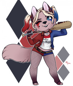 anthro baseball_bat bat_(object) chibi clothed clothing collar female makeup smile solo standing redpixie canid canine canis mammal wolf hi_res