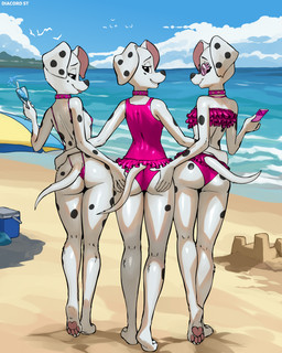 anthro beach breasts butt butt_grab clothing female female/female fur glistening glistening_butt group hand_on_butt looking_at_viewer one-piece_swimsuit outside pink_outfit rear_view sand_castle sculpture slim sling_bikini small_breasts swimwear trio white_body white_fur diacordst 101_dalmatian_street 101_dalmatians disney dallas_(101_dalmatians) deja_vu_(101_dalmatians) destiny_(101_dalmatians) triple_d_(101_dalmatians) canid canine canis dalmatian domestic_dog mammal 4:5 absurd_res hi_res