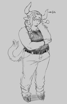 anthro belt braided_hair breath chart chest_tuft clothed clothed_anthro clothing ear_piercing ear_tag hair height_chart hooves horn piercing somber standing tail tuft millkefats millke_(millkefats) bovid bovine cattle mammal 2025 greyscale monochrome trans_(lore) trans_woman_(lore)