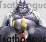 anthro belly biped blush bodily_fluids clothed clothing drooling genitals male moobs necktie nipples open_clothing open_shirt open_topwear overweight overweight_anthro overweight_male penis saliva shirt simple_background sitting solo text topwear yunukopi lifewonders tokyo_afterschool_summoners tsathoggua_(tas) 2019 hi_res