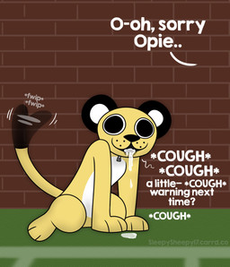 after_sex ambiguous_gender anthro anthro_fursuiter bodily_fluids clothed clothing costume cum cum_drip cum_in_mouth cum_inside dialogue dripping fully_clothed furry_wearing_fursuit fursuit genital_fluids leaking_cum mascot_costume offscreen_character solo tail tail_motion tailwag text lupopossum opie_(lupopossum) cheetah felid feline mammal absurd_res english_text hi_res female_(lore)