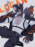 anthro arm_strap belt bottomwear chain chain_collar chest_harness chest_scar choker cigarette claws clothing collar collared_shirt eyewear facial_scar fluffy fluffy_tail glowing grey_body grey_hair hair harness highlights_(coloring) holding_cigarette holding_object jewelry looking_at_viewer male multicolored_body muscular muscular_anthro muscular_male necklace orange_eyes prosthetic prosthetic_arm prosthetic_limb scar shirt sitting smile smoking smoking_cigarette solo spiked_collar spikes straps stubble sunglasses tail topwear two_tone_body unbuttoned unbuttoned_shirt white_highlights klaus_bloodstein logan_(klaus_bloodstein) canid canine canis coyote mammal 2024 3:4 absurd_res digital_media_(artwork) hi_res
