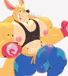 2022 abs absurd_res anthro athletic_wear balls_outline band-aid bandage barazoku bent_leg big_bulge big_muscles big_nipples big_pecs blue_eyes bottomwear boxing_gloves bulge clothed clothing detailed_bulge erection erection_under_clothing eyebrows fur genital_outline gloves hair handwear hi_res huge_bulge huge_muscles hyper hyper_muscles kangaroo kao_(kao_the_kangaroo) kao_the_kangaroo looking_at_viewer macropod male mammal marsupial merong muscular muscular_anthro muscular_male navel nipples pants patch_(fabric) pecs penis_outline shirt signature simple_background smile solo standing tank_top topwear tuft vein white_background yellow_body