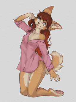 5_fingers anthro arm_tuft bangs barefoot biped blep blonde_eyebrows bottomless bottomless_anthro bottomless_female breasts brown_hair brown_nose casual_exposure cheek_tuft closed_smile clothed clothed_anthro clothed_female clothing colored_nails countershade_face countershade_feet countershade_fur countershade_legs countershade_neck countershade_tail countershade_torso countershading dipstick_ears ear_markings elbow_tuft eyebrows eyelashes facial_tuft feet female female_anthro fingerless_(marking) fingernails fingers fluffy fluffy_tail front_view fur fur_markings fur_tuft grey_eyes hair heart_pupils heart_symbol hindpaw hip_markings inner_ear_fluff iris knee_tuft kneeling leg_markings leg_tuft long_hair looking_at_viewer markings monotone_clothing monotone_shirt monotone_topwear mouth_closed multicolored_body multicolored_ears multicolored_fur multicolored_hair multicolored_tail nails off_shoulder orange_ear_tips pawpads paws pink_clothing pink_pawpads pink_pupils pink_shirt pink_tongue pink_topwear pose pupils red_hair shirt shirt_only simple_background slim slim_anthro slim_female small_breasts smile smiling_at_viewer solo striped_markings stripes tail tan_markings tan_stripes teal_fingernails teal_nails three-quarter_view toes tongue tongue_out topwear topwear_only tuft two_tone_hair two_tone_tail white_background white_body white_countershading white_fur white_inner_ear white_inner_ear_fluff white_neck white_sclera white_tail white_tuft yellow_body yellow_ears yellow_fur yellow_tail yellow_tuft yshanii cotton_(yshanii) canid canine canis dingo mammal 2026 digital_drawing_(artwork) digital_media_(artwork) full-length_portrait hi_res portrait shaded