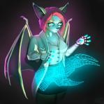 anthro biped clothed clothing cybernetics eyewear female glasses hair hologram machine membrane_(anatomy) membranous_wings pink_hair simple_background smile solo standing wings yellow_eyes kaitycuddle ember_(deathhydra) bat cyborg mammal digital_media_(artwork) shaded