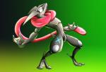 anthro feet green_background green_eyes grey_body leg_markings long_tongue markings membrane_(anatomy) open_mouth open_smile sharp_teeth simple_background smile teeth toes tongue webbed_feet e1ectronicchimera nintendo pokemon fan_character wafu generation_6_pokemon greninja pokemon_(species) 2015 digital_media_(artwork)