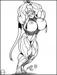 4_toes abs anthro arms_above_head biceps big_breasts big_muscles biped black_border blush border breasts feet female genitals huge_breasts huge_muscles inks looking_at_viewer muscular muscular_anthro muscular_female navel nipples nude paws pose pussy solo standing toes docwolph line_art monochrome sketch