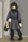 anthro bag belly black_clothing black_legwear black_overalls black_tights blue_clothing blue_sweater blue_topwear boots bottomwear brown_body brown_boots brown_clothing brown_eyes brown_footwear brown_fur brown_hair brown_nose clothing female footwear fur hair inside legwear long_hair overalls paws shoes skirt solo standing straight_hair sweater tights topwear white_belly white_sclera smile-d0g beagle canid canine canis domestic_dog hunting_dog mammal scent_hound hi_res