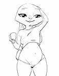 2016 absurd_res anthro bedroom_eyes belly big_belly breasts buckteeth clothed clothing coffee_cup container cup disney female half-closed_eyes hand_on_head hi_res judy_hopps lagomorph leporid long_ears mammal midriff monochrome narrowed_eyes navel panties pregnant rabbit raised_arm seductive simple_background sirdooblie skimpy small_breasts smile solo standing teeth thong underwear zootopia