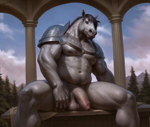 armor balls biceps bodily_fluids flaccid foreskin genitals hair humanoid_genitalia humanoid_penis looking_at_viewer male muscular muscular_male navel nipples outside pauldron pecs penis plant sitting solo sweat tree unretracted_foreskin aduran equid equine horse mammal 2025 hi_res