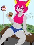 anthro blue_cutoffs bottomwear burger clothing crop_top cutoffs denim denim_bottomwear denim_clothing female food fur grass grey_body grey_fur hair holding_burger holding_food holding_object pink_clothing pink_crop_top pink_eyes pink_hair pink_nose pink_shirt pink_topwear plant shirt shorts sign sitting sky smile solo spread_legs spreading teeth text topwear thekitsuyt gure_(thekitsuyt) canid canine fox mammal 3:4 hi_res signature