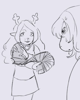 anthro female freckles money parody sketchalicious snowgrave deltarune undertale_(series) noelle_holiday susie_(deltarune) deer mammal reptile scalie low_res monochrome