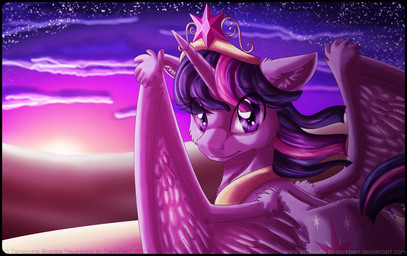 crown cutie_mark detailed_background feathered_wings feathers female feral fur fuzzy gold_(metal) hair headgear horn jewelry looking_at_viewer looking_back multicolored_hair necklace purple_body purple_eyes purple_feathers purple_fur purple_hair solo standing star sunset tail two_tone_hair wings inuhoshi-to-darkpen friendship_is_magic hasbro my_little_pony mythology twilight_sparkle_(mlp) equid equine mammal mythological_creature mythological_equine winged_unicorn 2013 digital_drawing_(artwork) digital_media_(artwork)