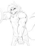 anthro biceps bottomwear clothing eye_markings gloves gym hair handwear long_hair looking_at_viewer male markings muscular muscular_arms muscular_male resting_arm shirt shorts solo tail tank_top topwear weights mikeknight19 alexzandr_sokolov canid canine canis mammal wolf hi_res monochrome sketch