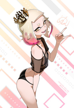 bikini black_bikini black_clothing black_swimwear blush butt clothing cross_pupils crown female flat_chested front_view gesture hair headgear looking_at_viewer mole_under_mouth multicolored_hair navel open_mouth open_smile pink_hair pseudo_hair ring short_hair smile solo swimwear tan_body tan_hair tan_skin tentacle_hair tentacles thick_thighs two-piece_swimsuit two_tone_hair wide_hips yellow_eyes otokakoto nintendo splatoon pearl_(splatoon) animal_humanoid aquatic aquatic_humanoid cephalopod cephalopod_humanoid humanoid inkling mollusk mollusk_humanoid squid_humanoid absurd_res hi_res