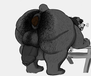 anthro anus backsack balls bent_over big_balls bodily_fluids body_hair breath butt_hair crowning_feces drooling feces foreskin furniture genital_fluids genitals hairy looking_back male overweight overweight_male penis picnic_table pooping precum pubes puffy_anus saliva short_tail size_difference solo table tail tears text thought_bubble tusks adrian_dough bear_(adriandough) bear mammal hi_res