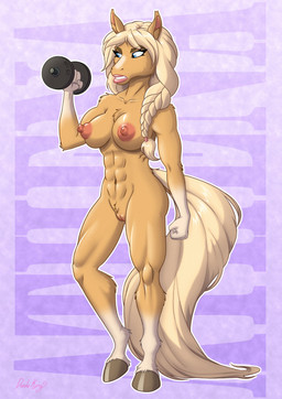 abs anthro areola breasts casual_nudity clenched_teeth dumbbell exercise female fingers fur genitals hair holding_dumbbell holding_object hooves muscular muscular_anthro muscular_female navel nipples nude simple_background solo standing tail teeth vulva weightlifting weights workout dazzlekong athena_(dazzlekong) equid equine horse mammal digital_media_(artwork) hi_res