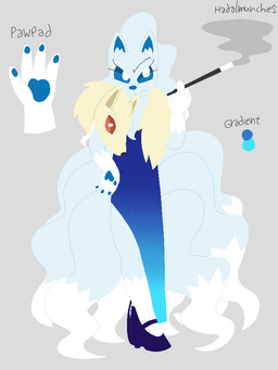 anthro blue_body blue_eyes blue_fur cigarette cigarette_holder clothed clothing dipstick_tail dress female footwear fur fur_scarf gloves_(marking) grey_background high_heels holding_cigarette holding_object markings multi_tail pawpads shoes simple_background smoke solo tail tail_markings text white_body white_fur conditional_dnp funnyfaemeat nintendo pokemon miyuki_(seventeen1717) alolan_form alolan_ninetales canid canine generation_7_pokemon mammal pokemon_(species) regional_form_(pokemon) 2025 3:4 digital_drawing_(artwork) digital_media_(artwork) lineless model_sheet pixel_(artwork) signature