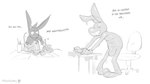 anthro art_supplies big_bulge bulge chair clothing desk detailed_bulge featureless_face furniture gloves handwear latex male smile solo spilled_liquid table text toony transformation transformation_sequence plumlucky whiteout lagomorph leporid mammal rabbit symbiote monochrome