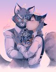 anthro blush bodily_fluids claws clothing dress_shirt duo eyes_closed gentleman hug kissing love male male/male nuzzling plushie shirt smile sweat topwear yuu-chan lackadaisy mordecai_heller rocky_rickaby felid feline mammal absurd_res hi_res