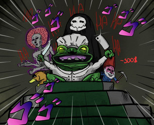 anthro group knife motion_lines text lexel732 jojo's_bizarre_adventure menacing_(meme) r.e.p.o. alien alien_humanoid amphibian anatid anseriform avian bird duck dwarf frog ghost humanoid spirit japanese_text meme