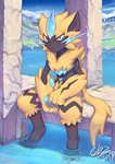 3_toes 4_fingers anthro black_body blue_body blue_eyes blue_fur blue_pawpads claws detailed_background fangs feet finger_claws fingers fur lightning_whiskers looking_at_viewer male partially_submerged pawpads pupils sitting slit_pupils smile solo teeth toe_claws toes water yellow_body yellow_fur xiaoyaozhi nintendo pokemon generation_7_pokemon legendary_pokemon pokemon_(species) zeraora 2019 absurd_res digital_media_(artwork) digital_painting_(artwork) full-length_portrait hi_res painting_(artwork) portrait signature