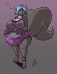 anthro belly big_belly big_breasts blue_hair blush breasts clean_diaper clothed clothing diaper female hair nipples pregnant purple_diaper simple_background wearing_diaper daikanu ljiljana_(resua) mammal mephitid skunk hi_res